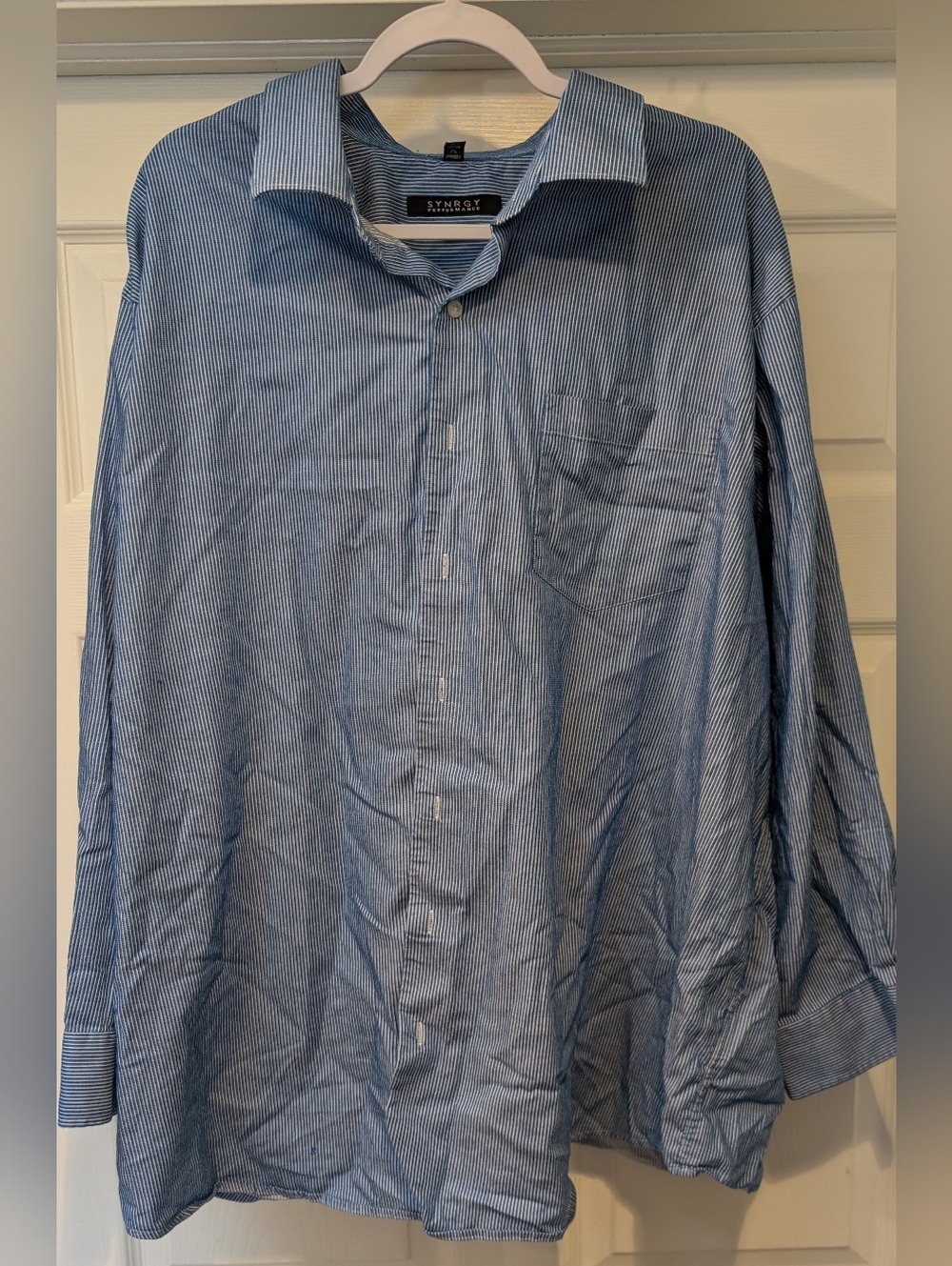 Synrgy Performance Men's Blue White Striped Stretch Casual Button Down 20 34/35